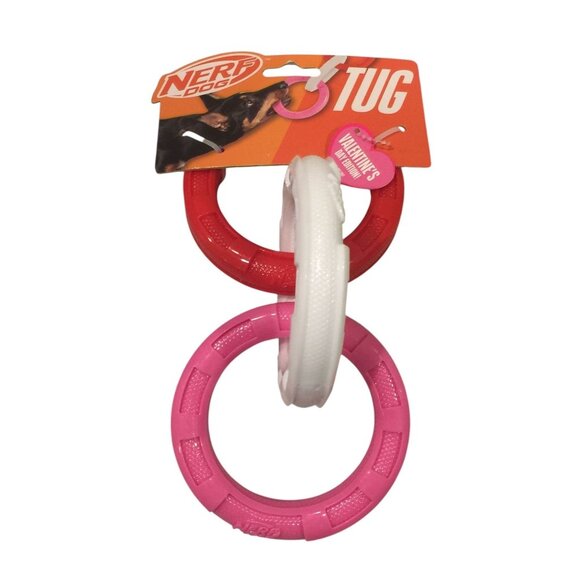 NERF DOG Tug 3 Ring Dog Pull Toy Red Pink White 4 1/2" Rings - Picture 1 of 3